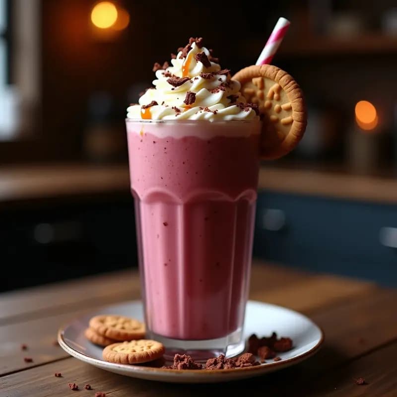 Vaso alto de cristal con milkshake de galletas de jengibre y helado de vino tinto, decorado con nata montada, virutas de chocolate, caramelo líquido y una galleta de jengibre en el borde. Fondo oscuro con pajita ancha.
