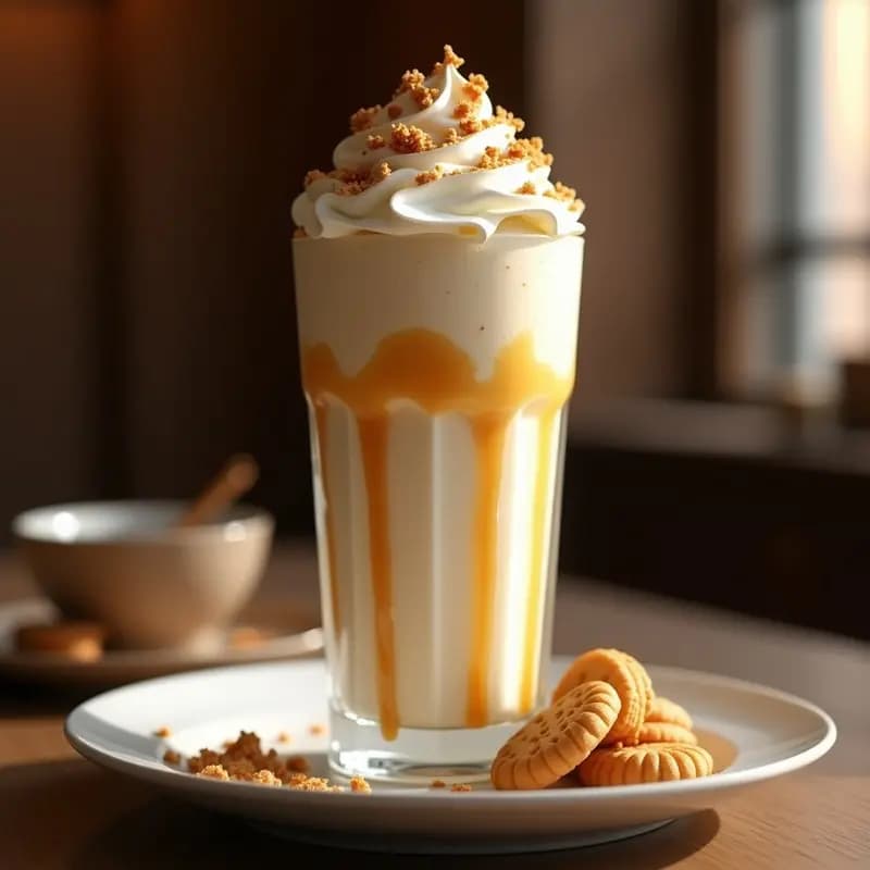 Vaso alto de cristal con milkshake de galletas Loteria, coronado con nata montada, caramelo líquido dorado y trozos de galletas trituradas. Fondo borroso con textura cremosa y colores cálidos.