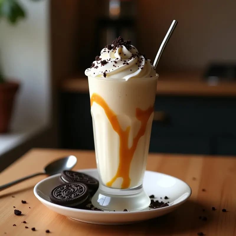 Milkshake ultracremoso en vaso alto con galletas Oreo trituradas, helado de vainilla, salsa de caramelo salado chorreando por los bordes, nata montada con azúcar glass y virutas de chocolate negro, servido con pajita ancha y cuchara larga.