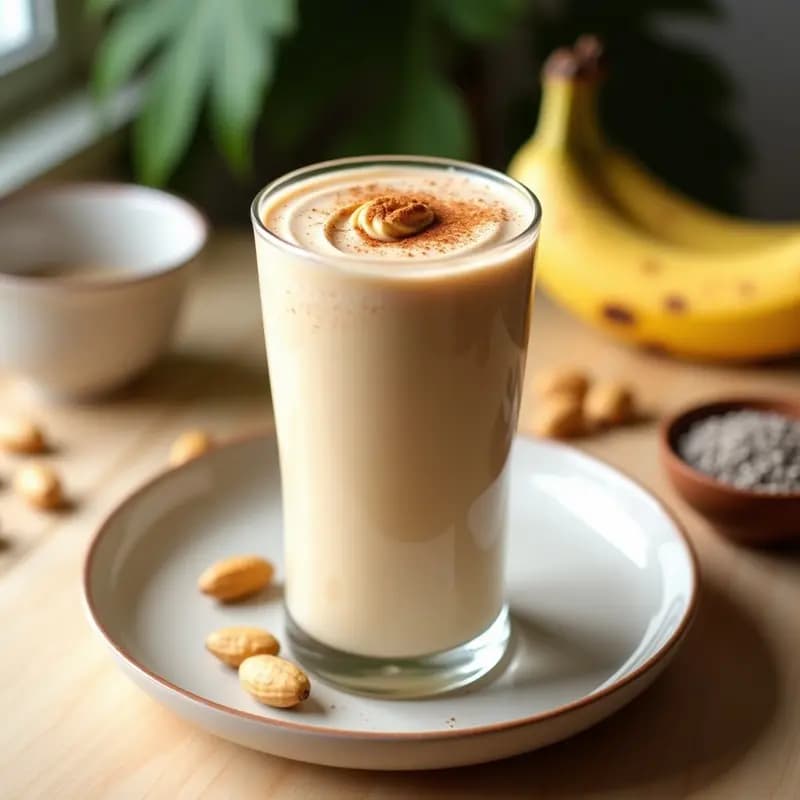 Vaso alto transparente con milkshake cremoso de plátano y cacahuete, coronado con un hilo de mantequilla de cacahuete y espolvoreado de canela. Fondo con ingredientes: plátano, cacahuetes y semillas de chía. Bebida proteica vegana.