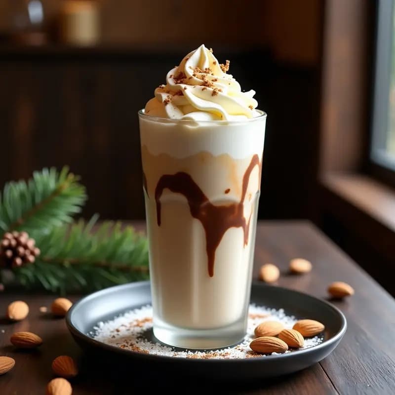 Vaso alto de cristal con milkshake de turrón de Jijona y helado de stracciatella, coronado con nata montada y virutas de almendra, sobre fondo oscuro con detalles navideños.