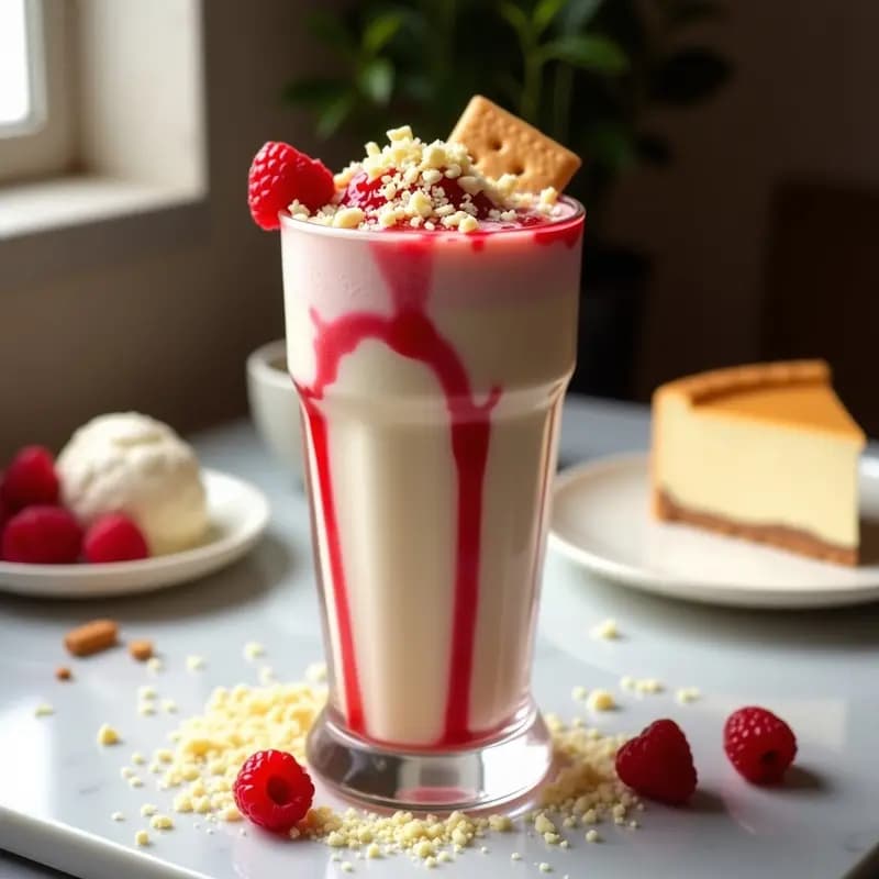 Vaso alto de cristal con milkshake de vanilla espeso, coronado con trozos de cheesecake, salsa de frambuesa roja brillante en espiral, virutas de chocolate blanco y polvo de galletas Digestive. Fondo borroso con ingredientes dispersos: helado, nata y frambuesas.
