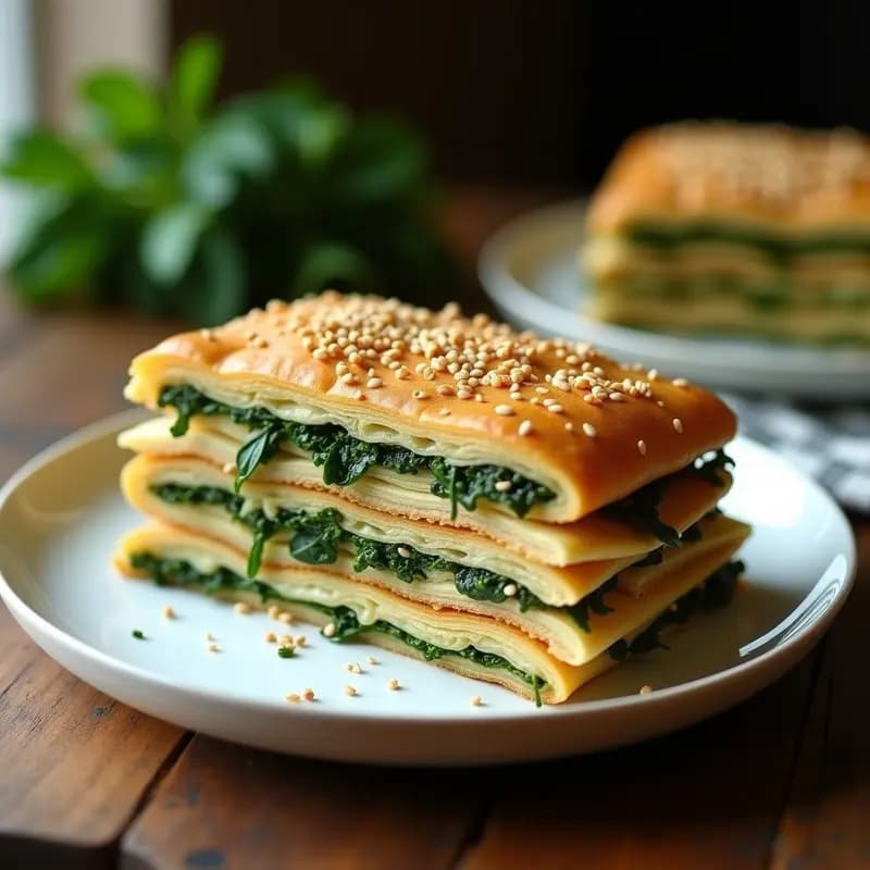 Mille-Feuille vegano de espinacas y champiñones con láminas de hojaldre doradas y crujientes, relleno cremoso de color verde oscuro, espolvoreado con semillas de sésamo y servido en plato blanco sobre fondo rústico.
