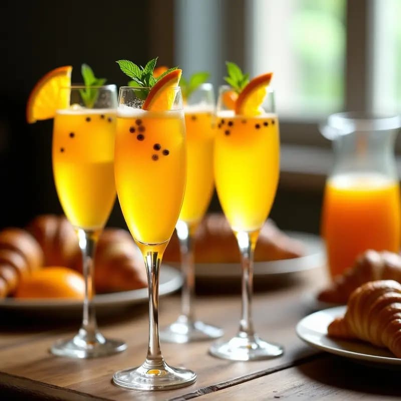 Copas de champán con mimosas de maracuyá y prosecco, decoradas con hojas de menta y rodajas de limón, sobre una mesa de brunch con luz natural.