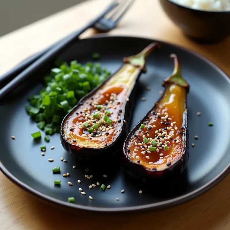 Plato de cerámica negra con dos mitades de Miso Glazed Eggplant asadas, glaseado brillante de miso caramelizado, espolvoreadas con semillas de sésamo blanco y negro, cebollino picado y un toque de pimienta de Sichuan. Fondo minimalista con tenedor de madera.