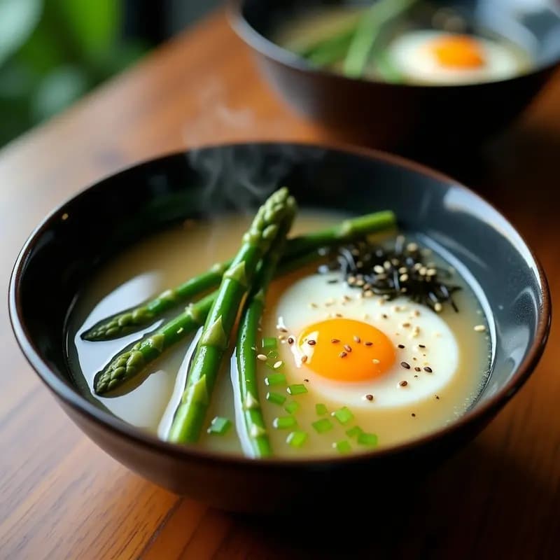 Cuenco hondo de cerámica blanca con Miso Soup humeante, espárragos trigueros verdes en diagonal, huevo pochado con yema líquida en el centro, algas wakame y semillas de sésamo negro espolvoreadas. Fondo minimalista con mantel de lino gris.