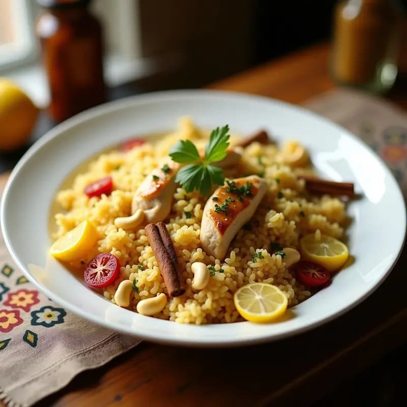 Plato hondo de cerámica blanca con Mnazzaleh Árabe de pollo y anacardos, arroz basmati especiado con trozos de pollo, pasas rubias, anacardos tostados y almendras fileteadas. Decorado con perejil fresco y servido con una cuchara de madera.