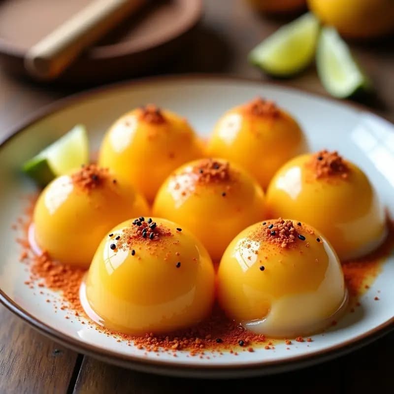 Plato blanco con seis mochis helados de mango y chile en polvo, cortados por la mitad para mostrar el relleno cremoso de color amarillo. Espolvoreados con chile en polvo y decorados con semillas de chía y hojas de menta. Fondo borroso con tonos pastel.