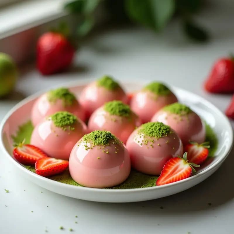 Mochi japonés de fresa y matcha servido en plato blanco de cerámica, con textura elástica y color verde claro del matcha, relleno de puré de fresa rosa, espolvoreado con almidón de maíz.