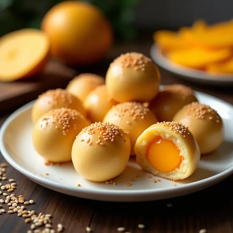 Mochi japonés relleno de mango con textura única, cubierto de semillas de sésamo tostado, servido en un plato de cerámica blanca con rodajas de mango fresco de fondo.