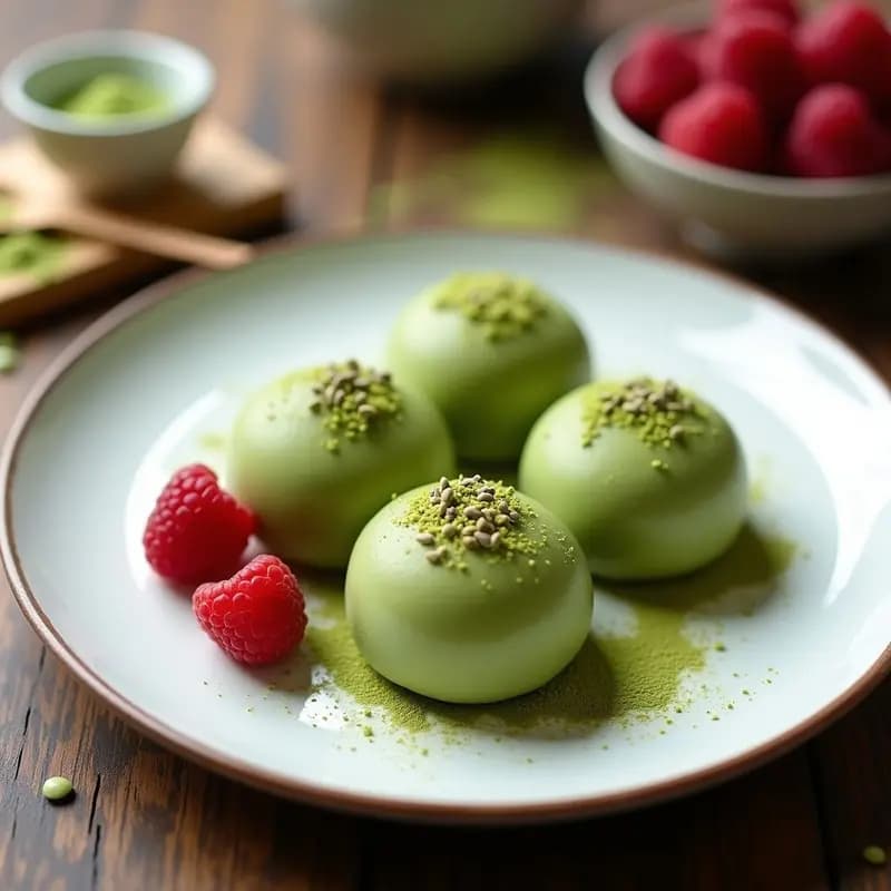 Mochi japonés de color verde pálido por el matcha, relleno de frambuesas rojas frescas, espolvoreado con semillas de chía y matcha en polvo, sobre un plato blanco con fondo de madera clara.