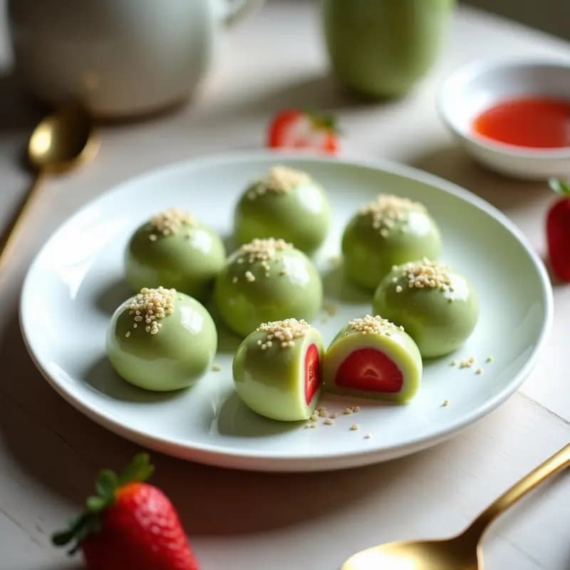 Plato blanco con mochi de matcha y fresa sin horno, de color verde pálido con vetas rosadas del relleno de fresa, espolvoreado con semillas de chía y matcha. Textura elástica y brillante, servido sobre hoja de papel de arroz.