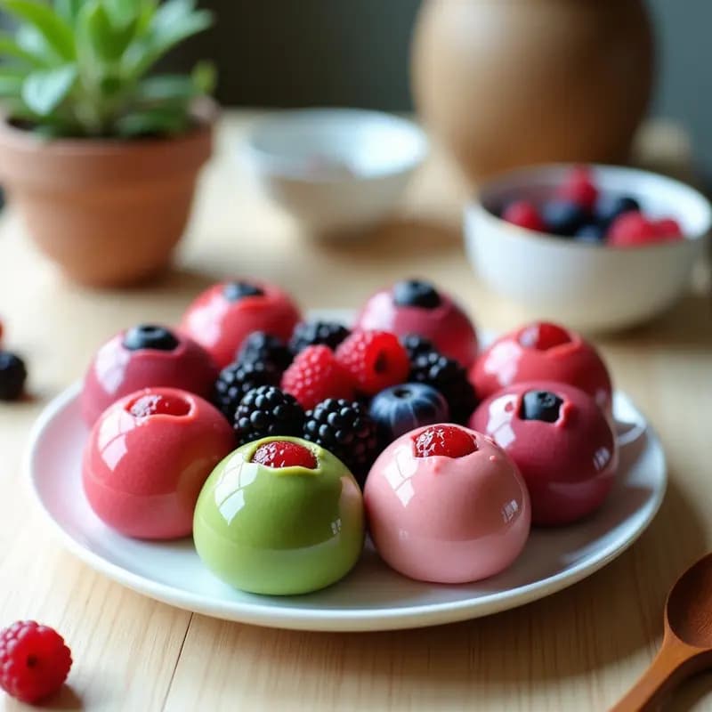 Mochi japonés de color verde claro por el matcha, relleno de frutos rojos rojos y morados, espolvoreado con semillas de chía y almidón de maíz, sobre un plato blanco con hojas de menta y frutos rojos frescos como decoración.
