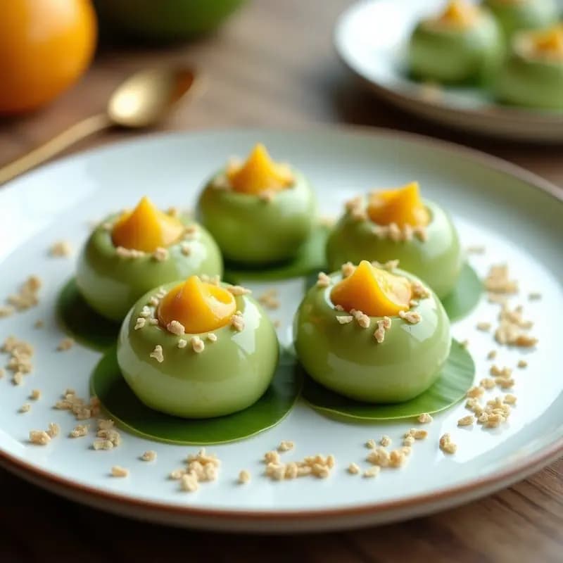 Plato blanco con 4 mochis de matcha y mango, postre japonés con toque tropical, cubiertos de semillas de sésamo y coco rallado, servidos sobre hoja de bambú.
