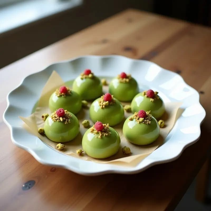 Plato blanco con mochis verdes de pistacho y frambuesa, decorados con pistachos tostados picados y frambuesas liofilizadas rosadas. Textura suave y brillante, servidos sobre papel de horno con fondo desenfocado.