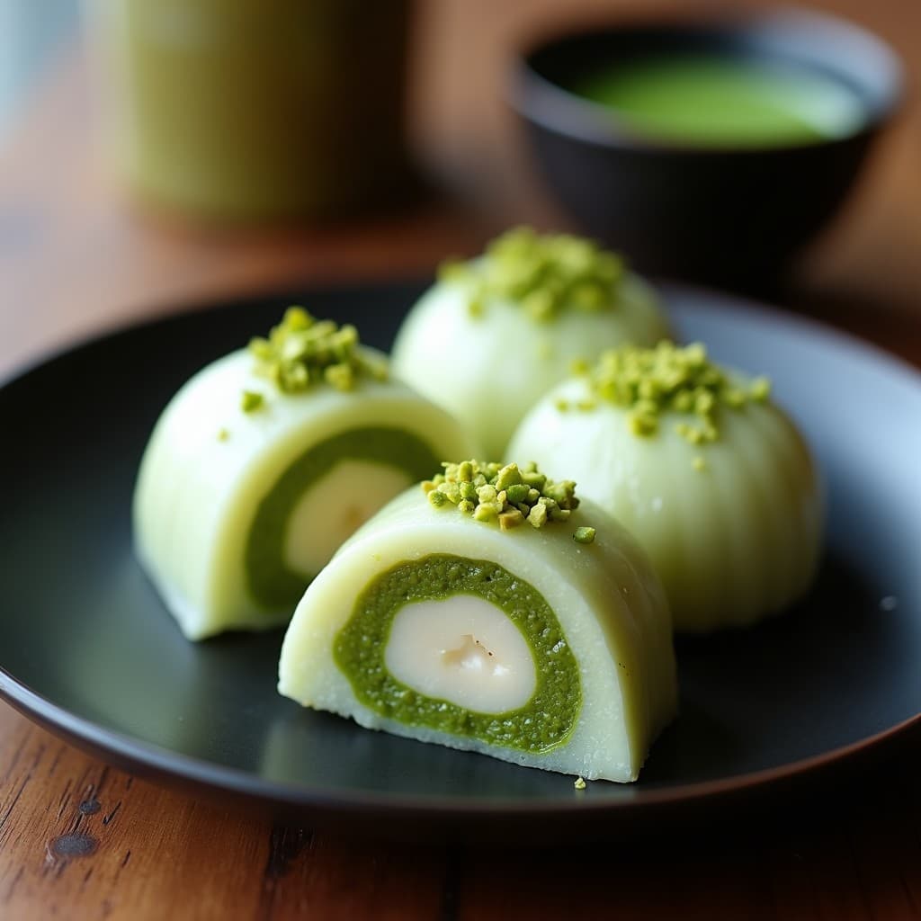 Mochi de pistacho y wasabi servido en plato negro de cerámica, con trozos de pistacho verde brillante y vetas de wasabi visible en el corte. Postre japonés sin azúcar y sin horno.