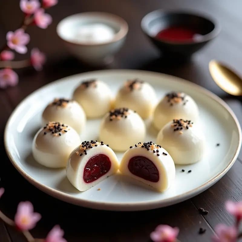 Mochi japonés tradicional de color blanco nacarado relleno de pasta de frijoles rojos y chocolate negro líquido, espolvoreado con semillas de sésamo tostado, sobre un plato de cerámica negra con detalles dorados.