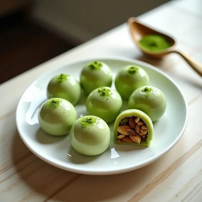 Plato blanco con 4 mochis redondos de color verde claro por el té matcha, rellenos de frutos secos tostados, espolvoreados con más matcha y semillas de cáñamo. Fondo con hojas de té y frutos secos dispersos.