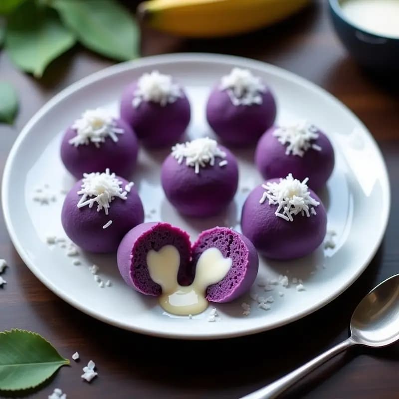 Plato blanco con 8 mochis de ube y leche condensada, de color morado intenso, rebozados en coco rallado. Textura brillante y cremosa con relleno visible al cortar uno. Fondo con hojas de plátano y una cucharada de leche condensada al lado.