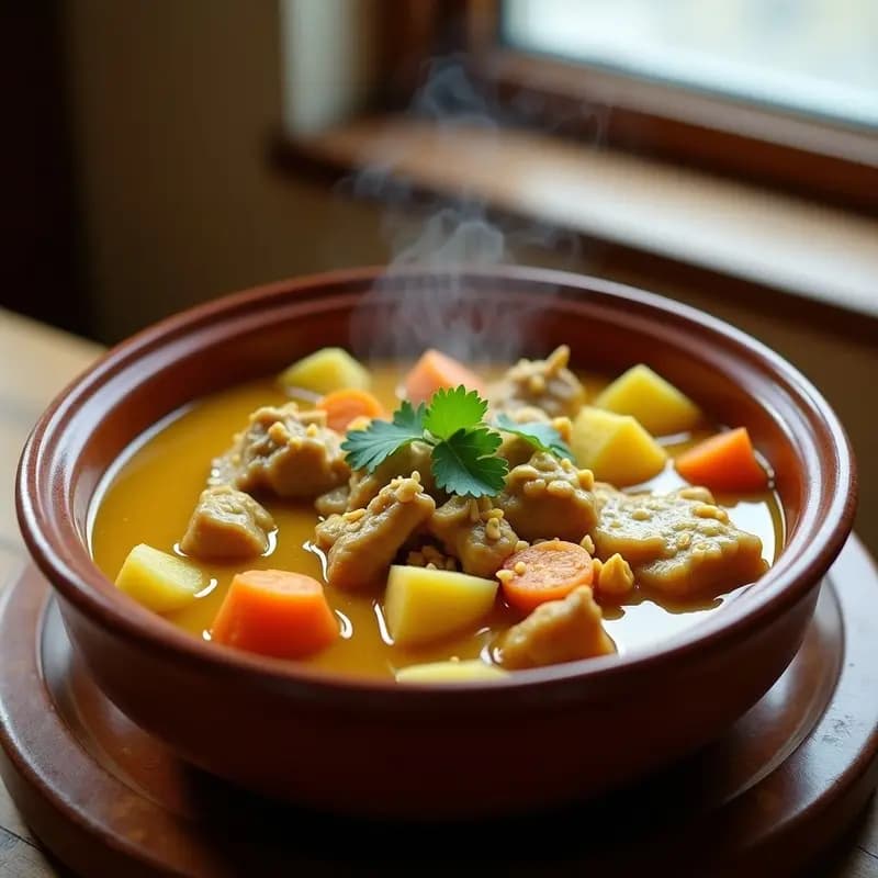 Plato hondo de cerámica oscura con mochica de pollo y maní, estofado cremoso de color dorado con trozos de pollo, papa y zanahoria, decorado con cilantro fresco y maní tostado espolvoreado. Receta peruana de ají amarillo en olla express.