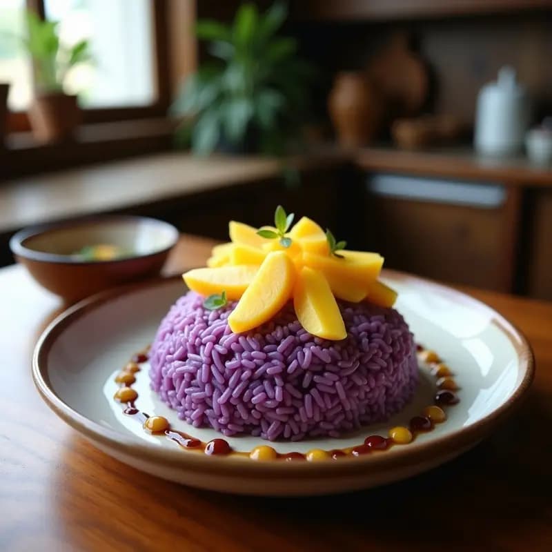Mochika de arroz morado peruana servida en moldes individuales de silicona, con capas cremosas de color morado intenso, decorada con cubos de mango amarillo, coco rallado blanco y semillas de sésamo doradas. Postre sin gluten ni lácteos sobre un fondo rústico de madera.