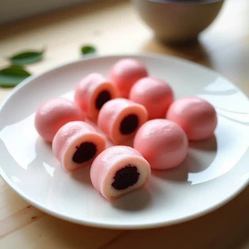 Mochis japoneses rellenos de anko servidos en plato de cerámica blanca, con textura brillante y semillas de sésamo negro espolvoreadas, postre tradicional sin gluten y sin lácteos.