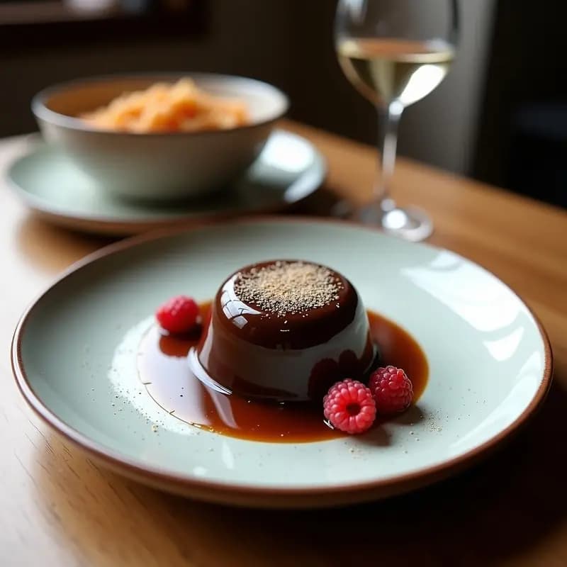 Moelleux de chocolate oscuro con trozos de ajo negro caramelizado, textura esponjosa y brillante, servido en plato blanco con cucurucho de papel y virutas de chocolate.