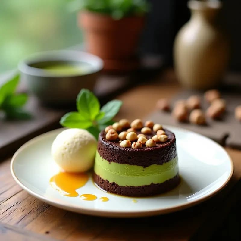 Moelleux de chocolate y matcha servido en plato blanco, con centro ligeramente húmedo, espolvoreado con matcha en polvo y acompañado de una cucharita de plata y hojas de menta fresca.
