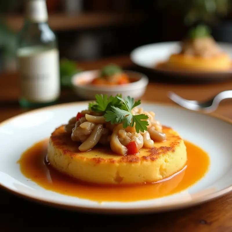 Plato tradicional puertorriqueño de mofongo con bacalao desalado y ajo, servido en mortero de piedra con caldo de pescado, cilantro fresco y gajos de limón.