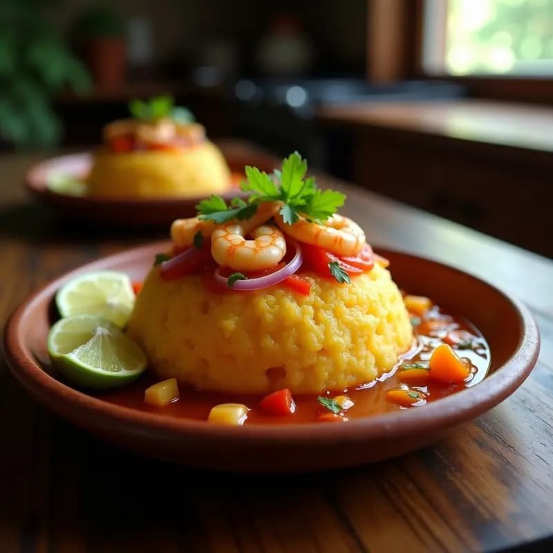 Plato de mofongo puertorriqueño con camarones en salsa criolla, servido en un bowl de barro. El mofongo tiene un hueco central relleno de camarones rosados bañados en salsa criolla de cebolla morada, pimiento rojo y cilantro fresco. Acompañado de rodajas de limón verde y aguacate.