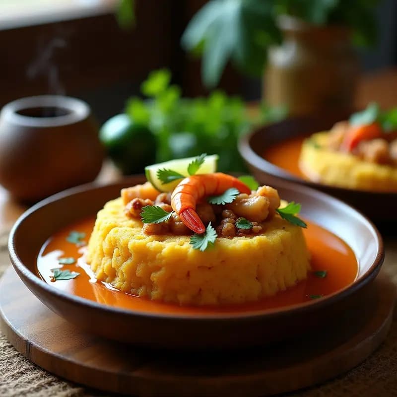 Plato hondo de barro con mofongo puertorriqueño dorado, coronado con trozos de chicharrón crujiente, bañado en caldo de camarones amarillo intenso y decorado con cilantro fresco y rodajas de limón verde.