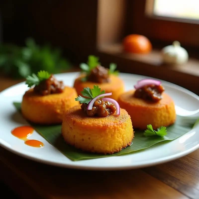 Plato de Mofongo de Ñame y Cochinita Pibil, con discos dorados de ñame morado rellenos de cochinita jugosa, decorados con cilantro fresco y rodajas de cebolla morada sobre hoja de plátano.