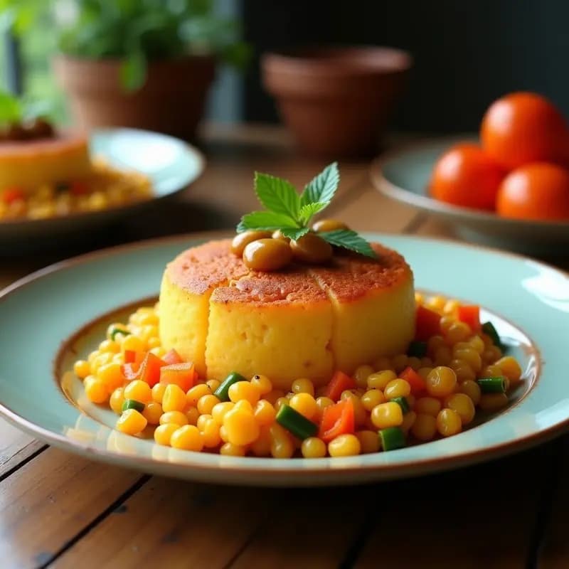 Plato rústico de mofongo de ñame vegano y sin gluten con tocino de coco crujiente, decorado con cilantro fresco y servido en cuencos individuales sobre fondo de madera oscura.