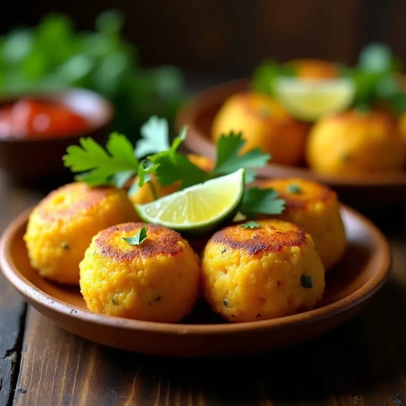 Plato de Mofongo Puertorriqueño con Plátano Verde y Bacalao: porciones doradas y esponjosas de plátano aplastado mezclado con bacalao desmenuzado, decoradas con cilantro fresco y rodajas de limón sobre un fondo rústico de madera.