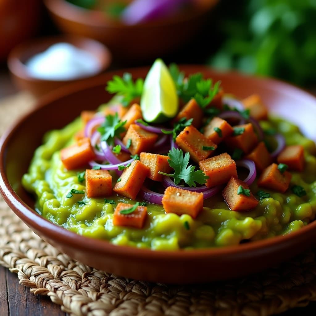 Plato hondo de barro con mofongo de plátano verde vegano, capas visibles de masa dorada, chicharrón de tempeh crujiente y sofrito de cebolla morada y cilantro, acompañado de rodaja de limón verde. Receta puertorriqueña vegana alta en proteína.