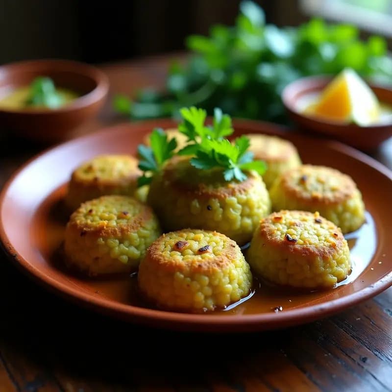 Plato ovalado de barro con mofongo puertorriqueño de plátanos verdes y cerdo en mortero tradicional, decorado con cilantro fresco y bañado en caldo de pollo, sobre fondo rústico de madera.