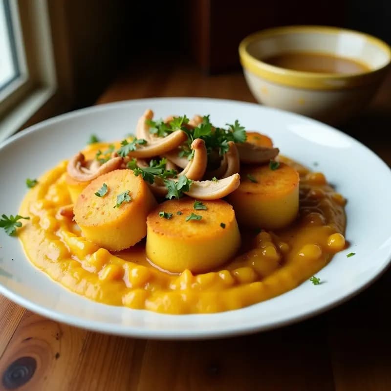 Plato hondo de barro con mofongo puertorriqueño: puré de plátano verde frito dorado con trozos de chicharrón crujiente y pollo desmenuzado, bañado en caldo de pollo aromático con hierbas frescas y rodajas de limón verde.