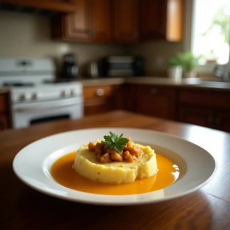 Mofongo puertorriqueño tradicional servido en plato de madera, bolitas de puré de plátano verde con trozos de chicharrón crujiente y ajo frito, decorado con hojas de culantro fresco. Receta auténtica de plátano con chicharrón y ajo en mortero.