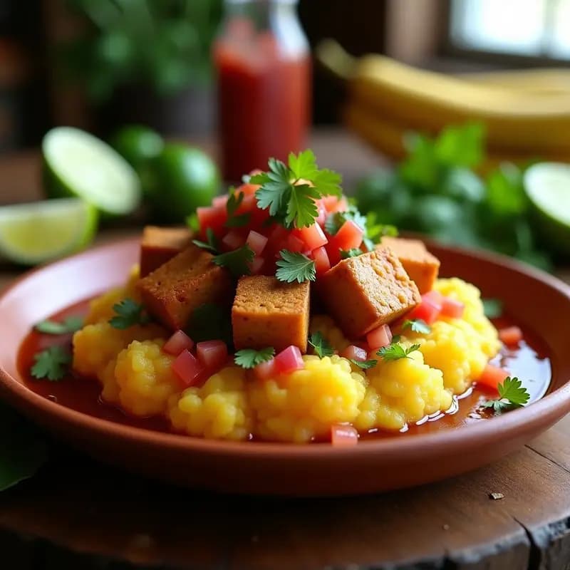 Plato hondo de barro con mofongo puertorriqueño vegano, bolitas de plátano verde aplastado rellenas de chicharrón de tofu dorado y crujiente, bañadas en salsa criolla fresca de cebolla morada, tomate y cilantro. Fondo rústico con limones y hojas de plátano.