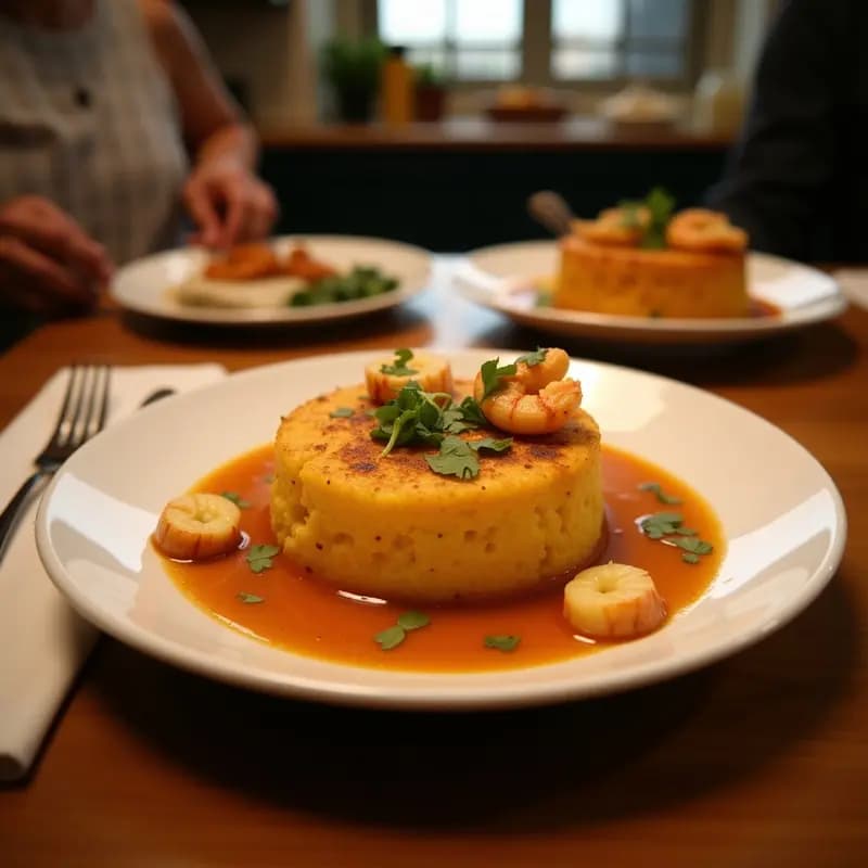 Plato hondo de barro con mofongo esponjoso de plátano verde, tostones dorados crujientes y camarones salteados en salsa de ajo y cilantro, receta caribeña en mortero sin harina.