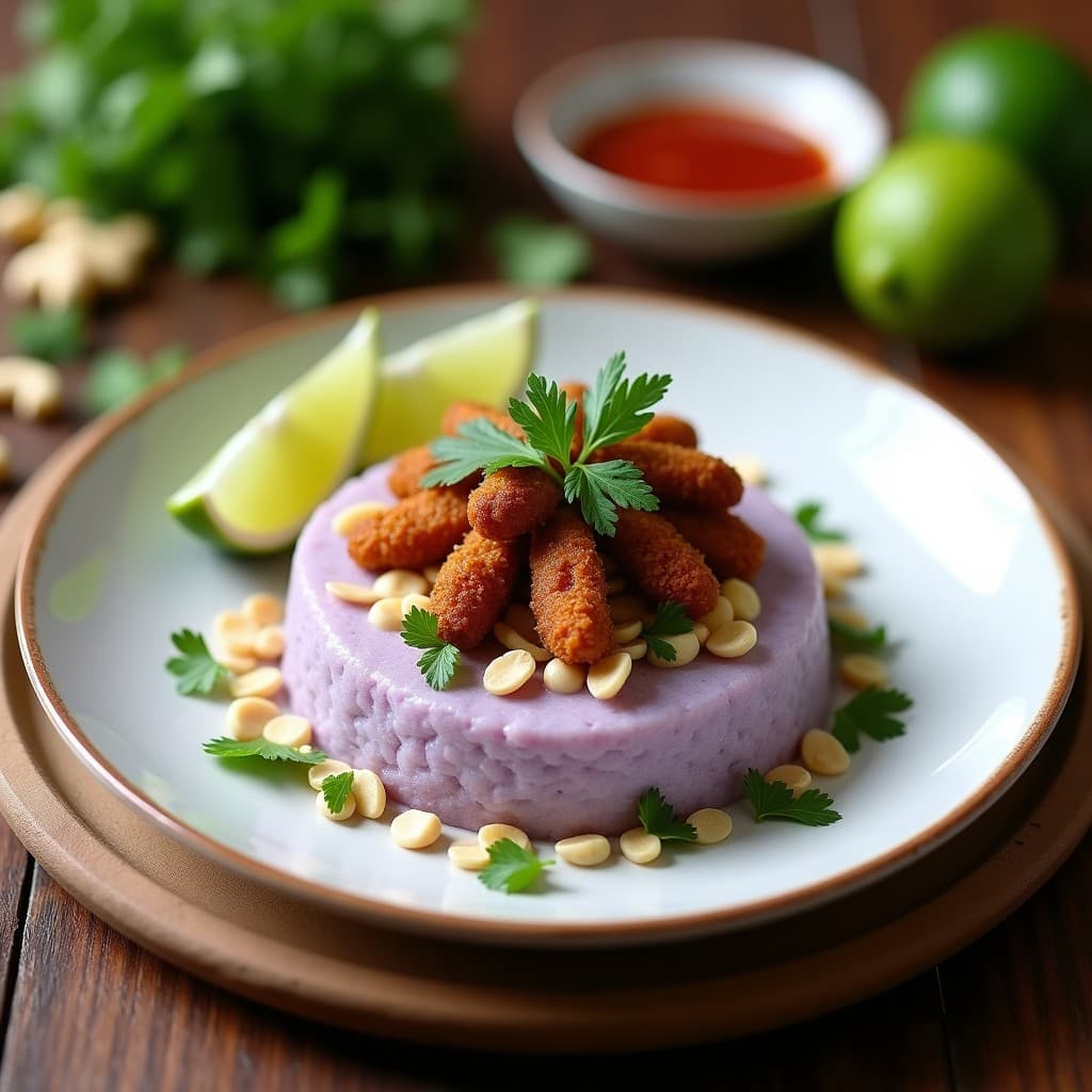 Plato de mofongo de yautía vegano con textura cremosa, coronado por láminas crujientes de chicharrón de setas portobello doradas, anacardos picados y cilantro fresco. Receta puertorriqueña en olla express.