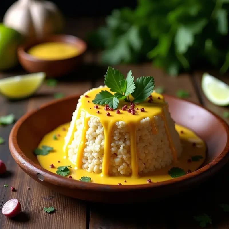 Plato de Mofongo de Yautía y Cologne con Garlic Moi servido en molde de madera rústico, con capas visibles de yautía majada y coliflor dorada, bañado en salsa Garlic Moi de color crema y decorado con hojas de culantro. Receta vegana y sin gluten puertorriqueña.