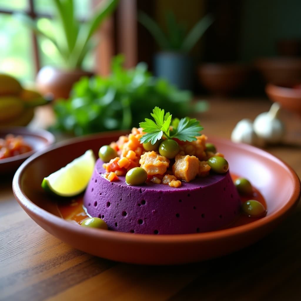 Plato de mofongo de yautía morada con relleno de bacalao desalado y sofrito, decorado con cilantro fresco y rodajas de limón, servido en fuente de barro rústica. Receta puertorriqueña en Thermomix sin aceite.