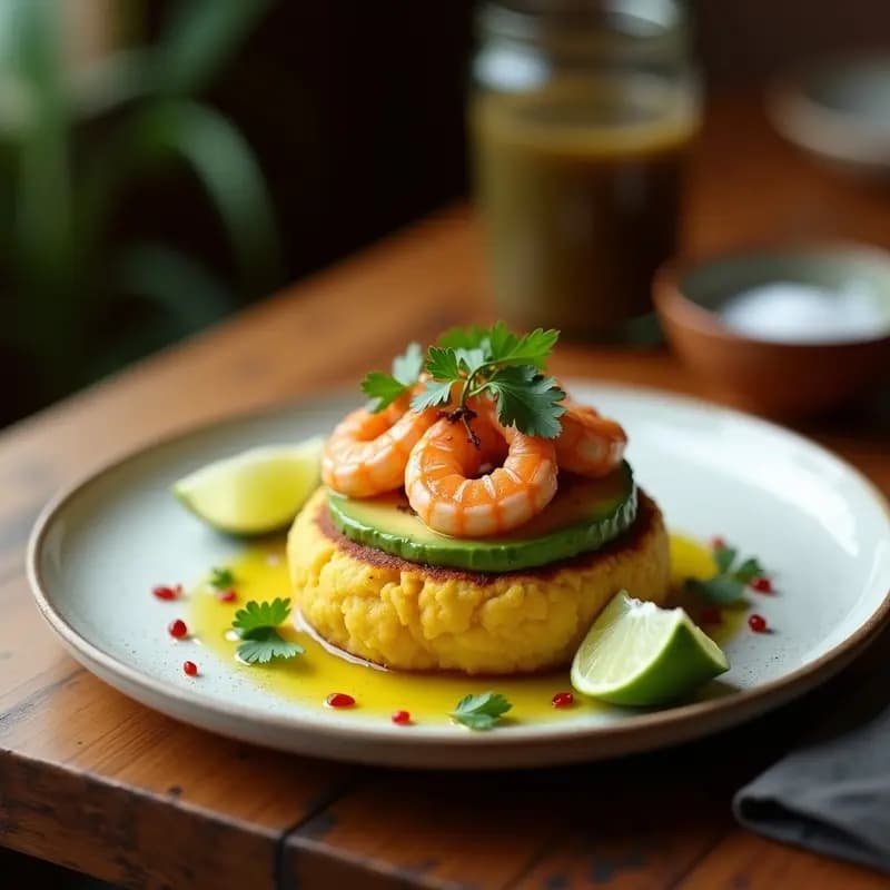Plato rústico de cerámica oscura con mofongo de yuca y aguacate en forma de copa, relleno de camarones al ajillo bañados en aceite dorado con ajo y perejil. Decorado con cebolla morada, pimiento rojo asado y gajos de limón verde. Receta puertorriqueña fusion.