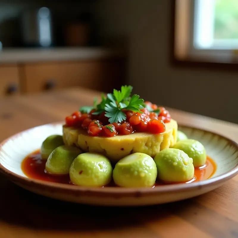 Plato de mofongo puertorriqueño de yuca y aguacate con chili de tomate, servido en bowl de barro con culantro fresco y semillas tostadas.
