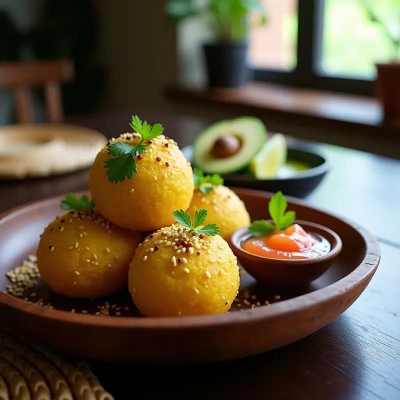 Plato hondo de barro con cuatro porciones de mofongo de yuca y aguacate vegano, rellenas de cubos cremosos de aguacate y bañadas en una salsa fresca de cítricos con cilantro y cebolla morada. Fondo rústico con rodajas de limón verde y naranja agria.