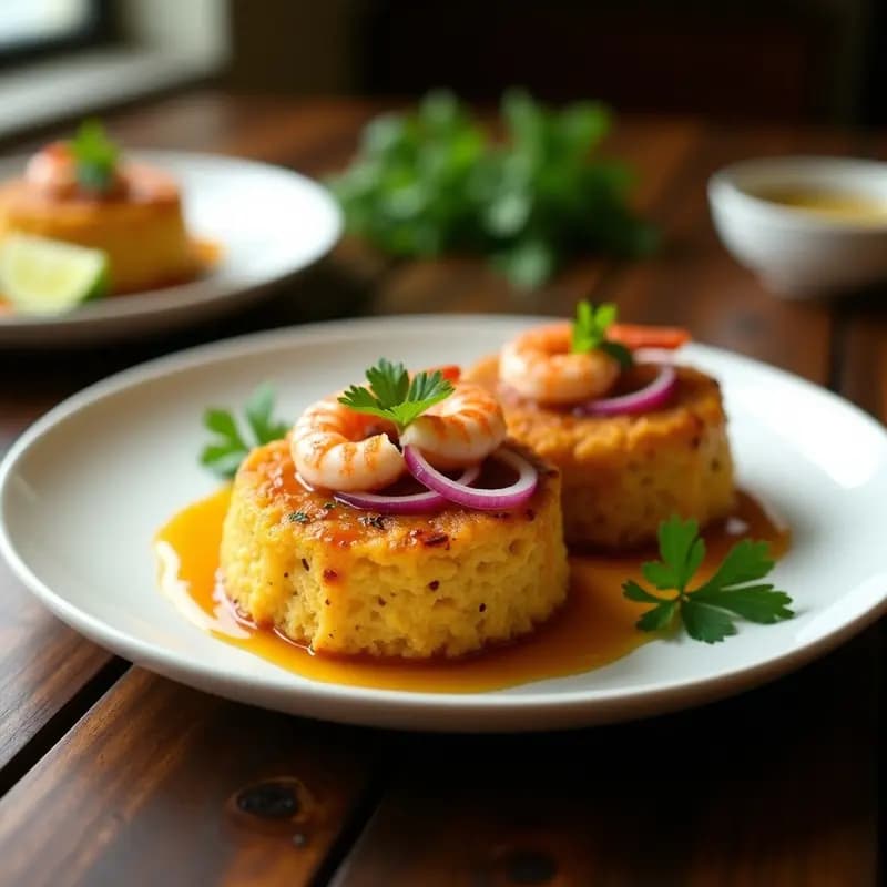 Plato de mofongo de yuca dorado y crujiente, coronado con camarones rosados bañados en moje de ajo verde brillante, decorado con cilantro fresco y rodajas de limón sobre fondo rústico de madera oscura.
