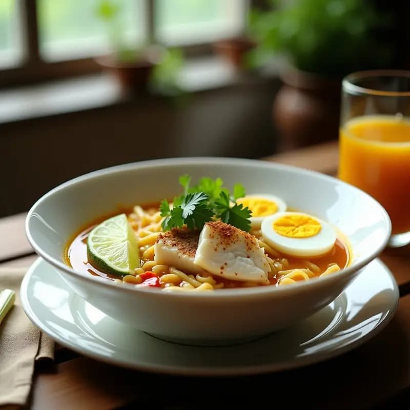 Cuenco hondo de cerámica blanca con mohinga birmana: caldo dorado espeso con fideos de arroz finos, trozos de merluza, huevo duro partido, cebolla frita crujiente, cilantro fresco y rodajas de lima. Plato tradicional de Myanmar con fondo rústico de madera.