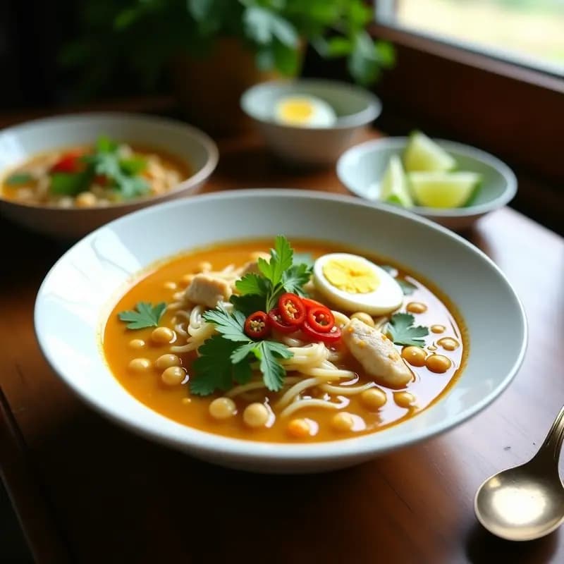 Cuenco hondo de cerámica blanca con mohinga birmana: caldo dorado aromático con fideos de arroz, tofu ahumado, garbanzos tostados, cilantro fresco, semillas de sésamo negro y rodajas de limón verde. Plato vibrante con sabores exóticos y alto en proteína.