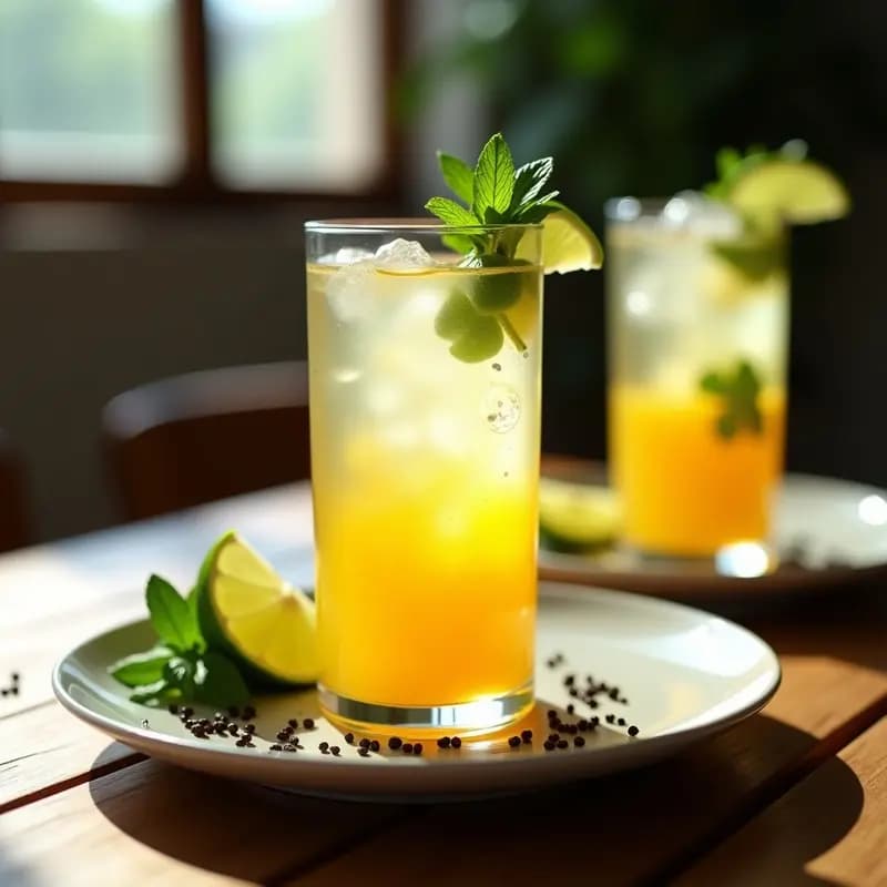 Vaso alto transparente con Mohito de Maracuyá y Mentira con Chía, bebida cubana refrescante sin azúcar, mostrando capas de gel de chía, burbujas de agua con gas y hojas de mentira fresca. Fondo borroso con limones verdes y semillas de chía esparcidas.